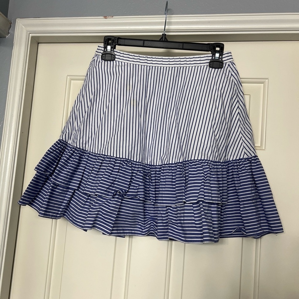 J.Crew White Lagoon Striped Ruffled Mini Skirt Size 2 Tiered Nautical Preppy